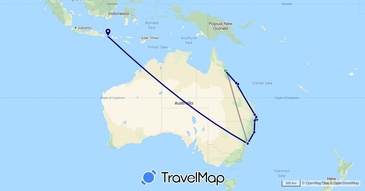 TravelMap itinerary: driving, bus, plane in Australia, Indonesia (Asia, Oceania)